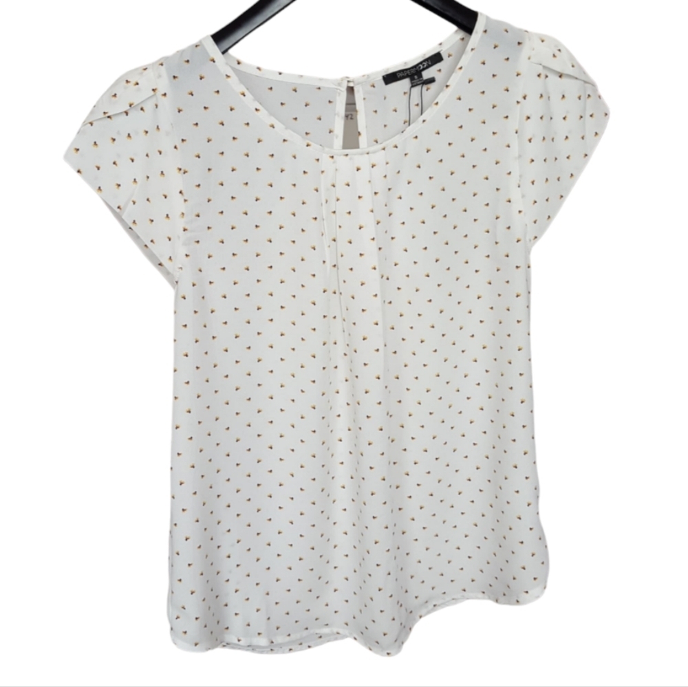Short Sleeve Blouse Womens S. M. L. Ivory Pleated Neck Back Adventure New